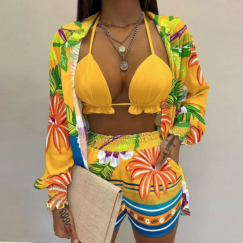 Women's Sexy Three-piece Set Spring Beach Fashion Shorts Set