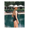 Black one-piece swimsuit for women with a French V-neck to slim and hide the belly