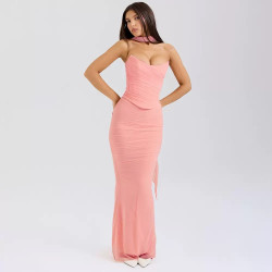 Summer fashion new bra top tie hanging neck high waist slim wrap hip skirt set