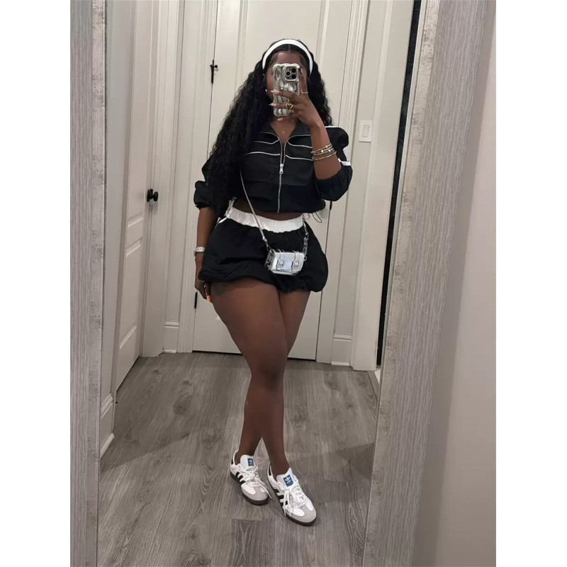 Navel zipper short-sleeved top waist-length hip-wrapped short skirt set women