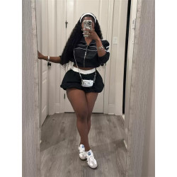 Navel zipper short-sleeved top waist-length hip-wrapped short skirt set women