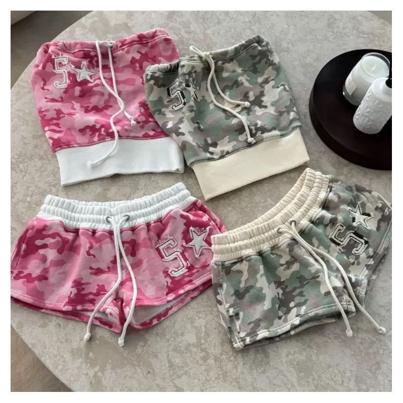 Contrast colour waist camouflage characteristic hooded sweatshirt casual straight sweatpants fashion two-piece set women