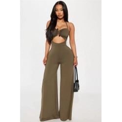 Fashionable temperament solid colour hanging neck metal design backless hollow straight jumpsuit jumpsuit