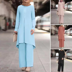 Muslim fashion women's clothing spring and autumn new solid colour long-sleeved lace collar round-neck top set