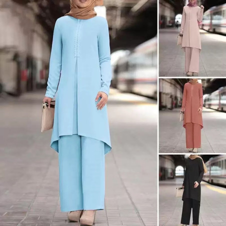 Muslim fashion women's clothing spring and autumn new solid colour long-sleeved lace collar round-neck top set