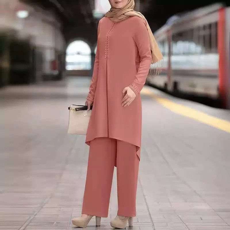 Muslim fashion women's clothing spring and autumn new solid colour long-sleeved lace collar round-neck top set