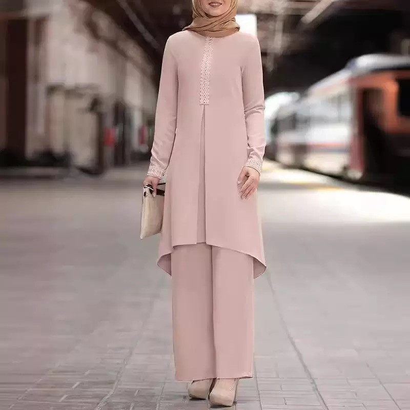 Muslim fashion women's clothing spring and autumn new solid colour long-sleeved lace collar round-neck top set