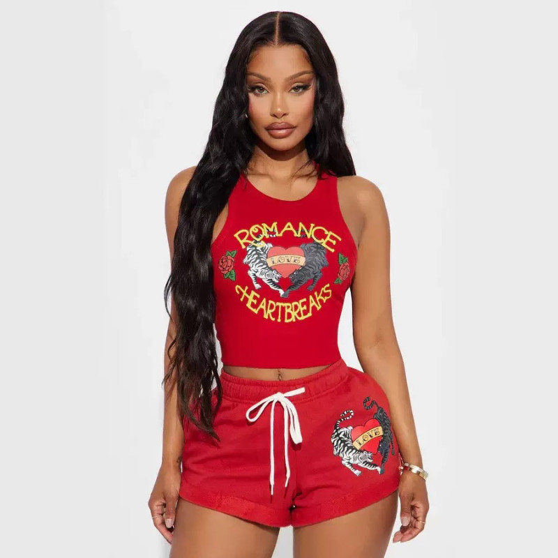 Printed vest shorts casual set