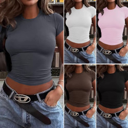 Spring and summer solid colour top waist-tight short slim body navel T-shirt