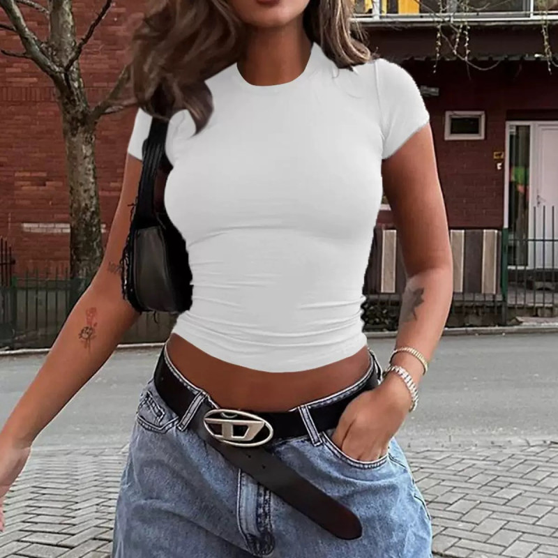 Spring and summer solid colour top waist-tight short slim body navel T-shirt