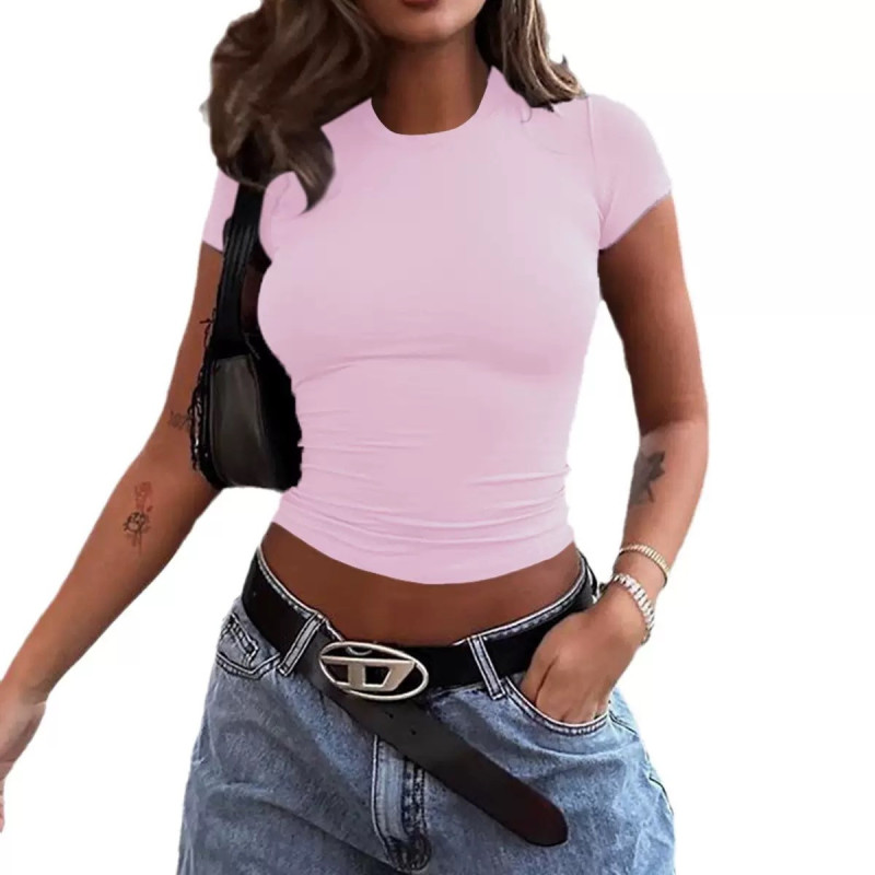 Spring and summer solid colour top waist-tight short slim body navel T-shirt
