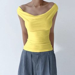 Sleeveless lace-up bottom top, summer sexy A-line collar off-the-shoulder T-shirt