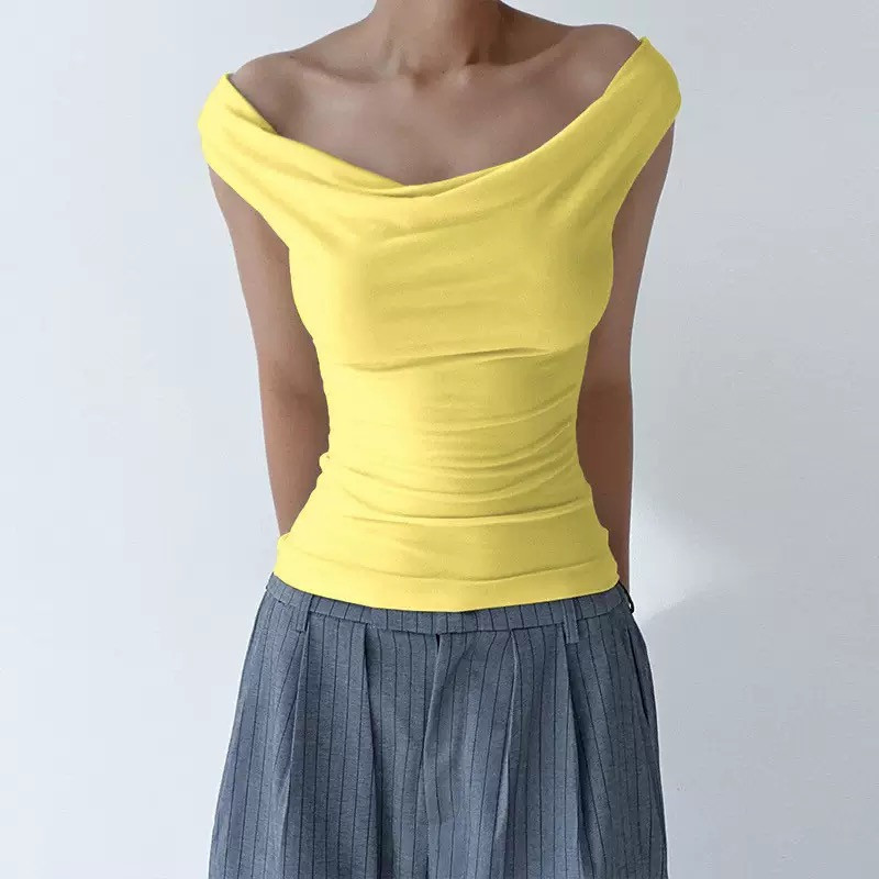 Sleeveless lace-up bottom top, summer sexy A-line collar off-the-shoulder T-shirt