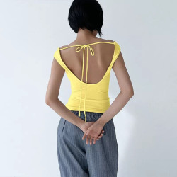 Sleeveless lace-up bottom top, summer sexy A-line collar off-the-shoulder T-shirt