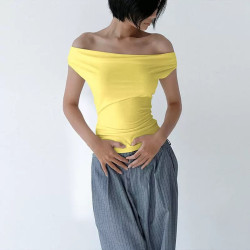 Sleeveless lace-up bottom top, summer sexy A-line collar off-the-shoulder T-shirt