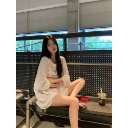 Breathable sunscreen printed blouse long-sleeved T-shirt women's summer loose slimming medium and long exposed top