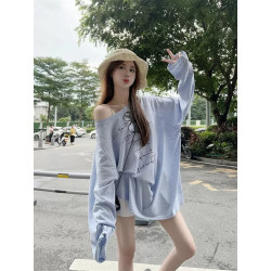 Breathable sunscreen printed blouse long-sleeved T-shirt women's summer loose slimming medium and long exposed top