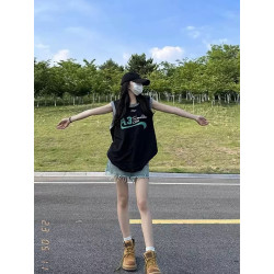 Retro sports colour matching vest women's summer loose design sense versatile bf style sleeveless off-the-shoulder T-shirt top