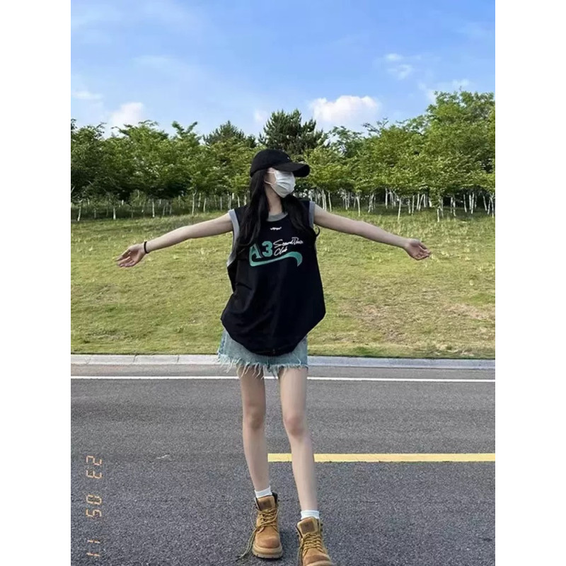 Retro sports colour matching vest women's summer loose design sense versatile bf style sleeveless off-the-shoulder T-shirt top