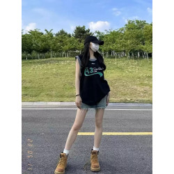 Retro sports colour matching vest women's summer loose design sense versatile bf style sleeveless off-the-shoulder T-shirt top