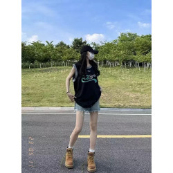 Retro sports colour matching vest women's summer loose design sense versatile bf style sleeveless off-the-shoulder T-shirt top