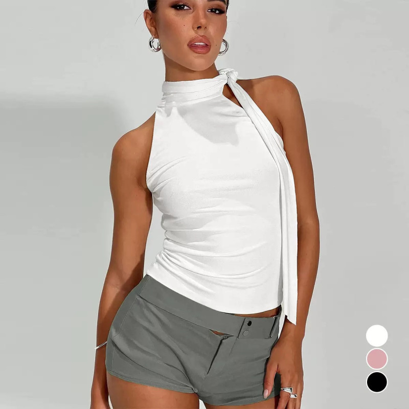 Summer sleeveless top, sexy navel and back hanging neck tie tight women's T-shirt