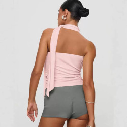 Summer sleeveless top, sexy navel and back hanging neck tie tight women's T-shirt
