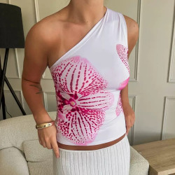 Summer new slash-shoulder printed casual all-match top T-shirt