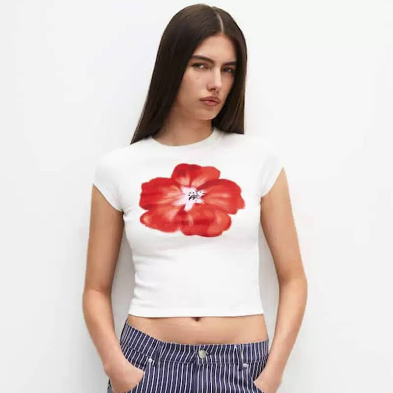 Summer street fashion printed round-neck short-sleeved navel T-shirt