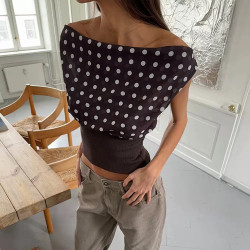 New hot girl polka dot chiffon T-shirt sexy stitching backless lace-fit waist top