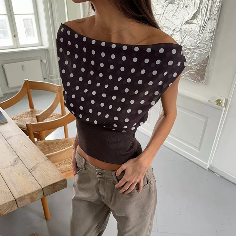 New hot girl polka dot chiffon T-shirt sexy stitching backless lace-fit waist top