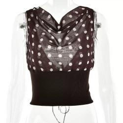 New hot girl polka dot chiffon T-shirt sexy stitching backless lace-fit waist top