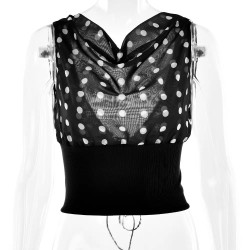 New hot girl polka dot chiffon T-shirt sexy stitching backless lace-fit waist top