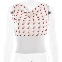New hot girl polka dot chiffon T-shirt sexy stitching backless lace-fit waist top