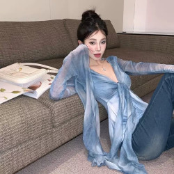 Gradual tie-dyed thin long-sleeved chiffon shirt women's autumn French sunscreen shirt streamer design sense niche top