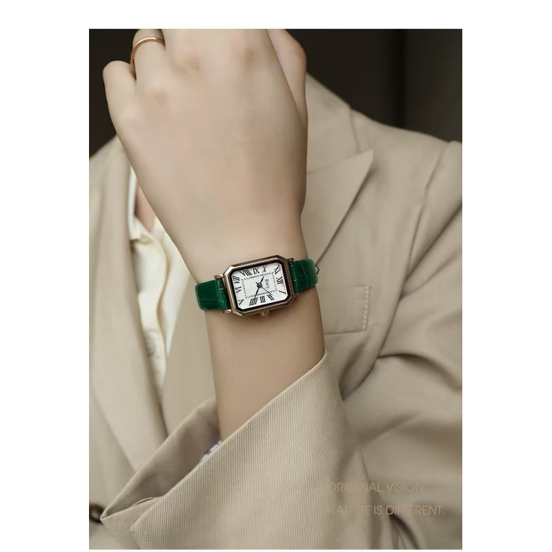Retro small dial ladies watch niche high-end genuine leather small square watch light luxury temperament quartz watch