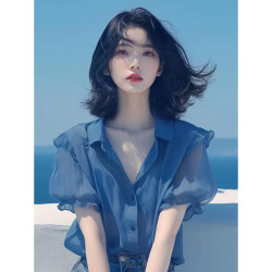 French temperament blue puff sleeve chiffon shirt women's summer new flesh-covering slimming top age-reducing thin shirt