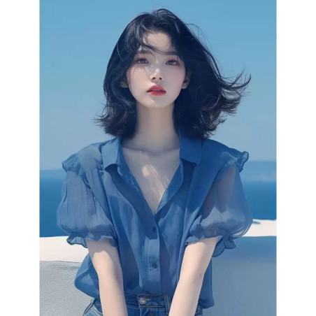 French temperament blue puff sleeve chiffon shirt women's summer new flesh-covering slimming top age-reducing thin shirt