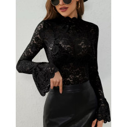 Sexy cashew flower lace slim body slim outerwear with flared sleeve top for women