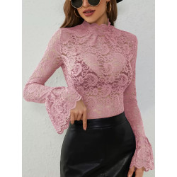Sexy cashew flower lace slim body slim outerwear with flared sleeve top for women