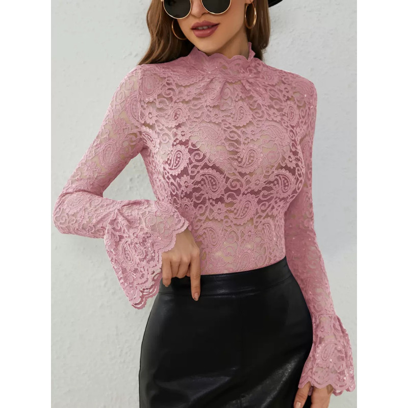Sexy cashew flower lace slim body slim outerwear with flared sleeve top for women