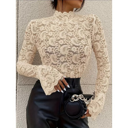 Sexy cashew flower lace slim body slim outerwear with flared sleeve top for women