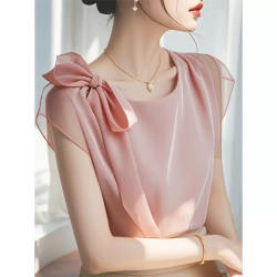French high-end chiffon shirt women's niche beautiful temperament short-sleeved loose pink top summer