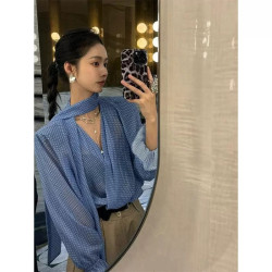 Blue polka dot V-neck streamer chiffon shirt feminine temperament casual micro-transparent shirt