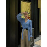 Blue polka dot V-neck streamer chiffon shirt feminine temperament casual micro-transparent shirt