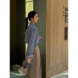 Blue polka dot V-neck streamer chiffon shirt feminine temperament casual micro-transparent shirt