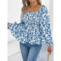Casual square collar flared sleeve floral chiffon shirt vacation top