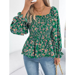 Casual square collar flared sleeve floral chiffon shirt vacation top