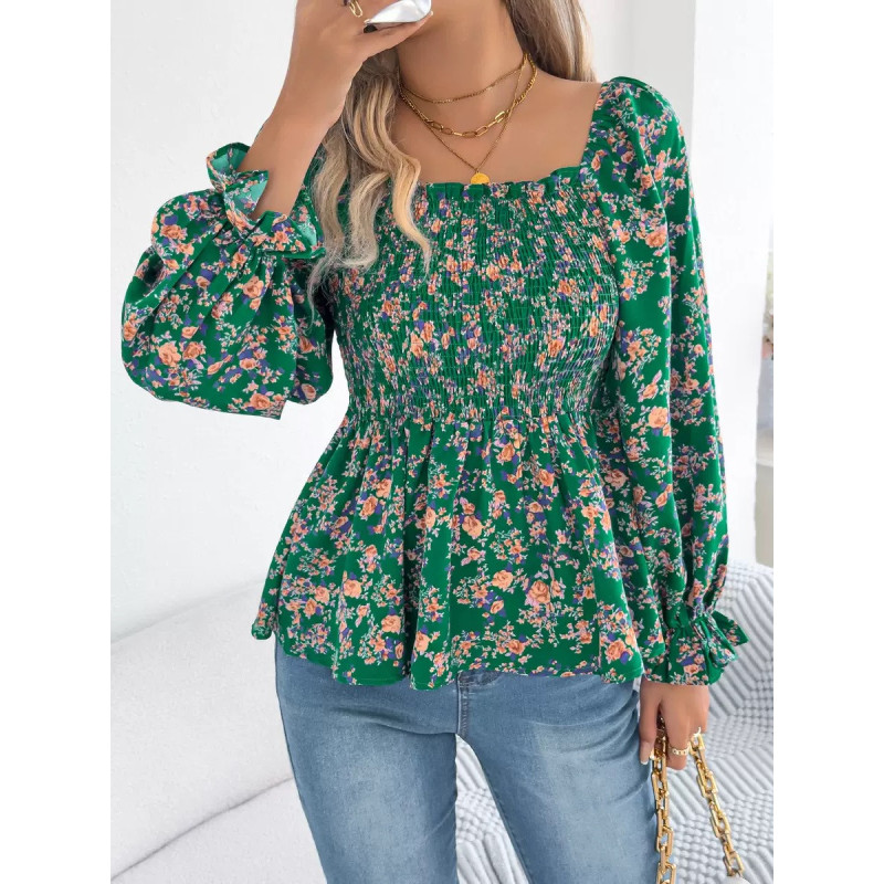 Casual square collar flared sleeve floral chiffon shirt vacation top