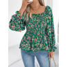 Casual square collar flared sleeve floral chiffon shirt vacation top